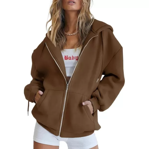 PRETTYGARDEN Womens Zip Up Y2K Hoodies Casual Long Sleeve Track Jackets With PocketsBrown