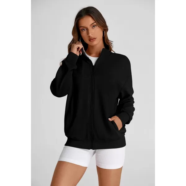 PRETTYGARDEN Womens 2024 Fall Fashion Full Zip Up Sweatshirt Long Sleeve Loose Fit Trendy Casual Jacket with PocketsBlack