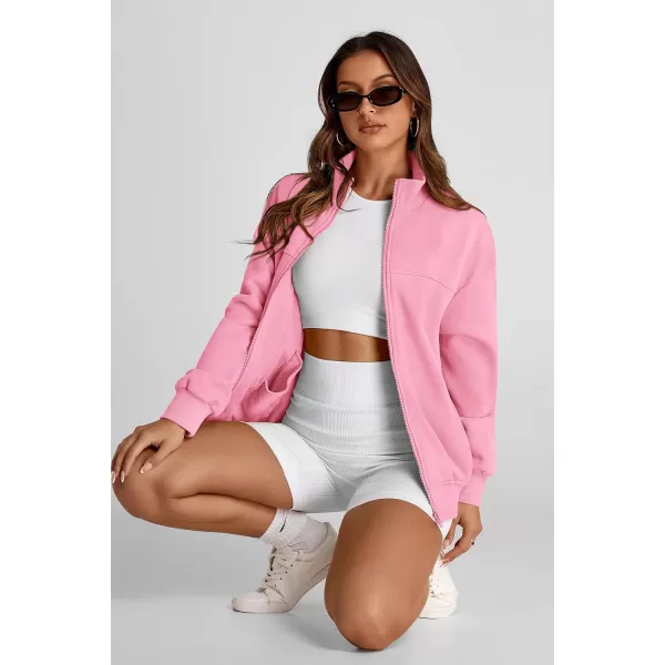 PRETTYGARDEN Womens 2024 Fall Fashion Full Zip Up Sweatshirt Long Sleeve Loose Fit Trendy Casual Jacket with PocketsPink