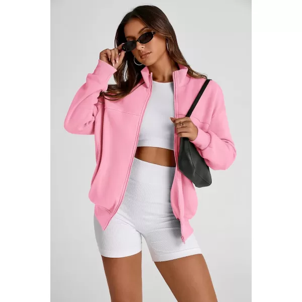 PRETTYGARDEN Womens 2024 Fall Fashion Full Zip Up Sweatshirt Long Sleeve Loose Fit Trendy Casual Jacket with PocketsPink