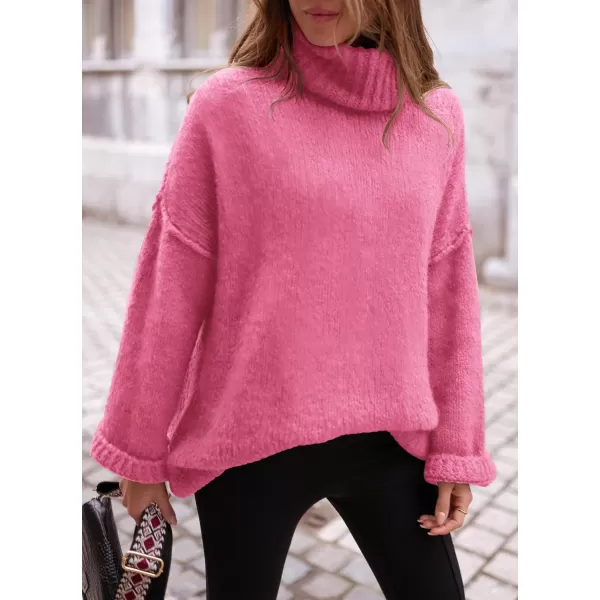 PRETTYGARDEN Womens 2024 Fall Knit Sweater Casual Long Sleeve Turtleneck Loose Chunky Pullover TopsPink