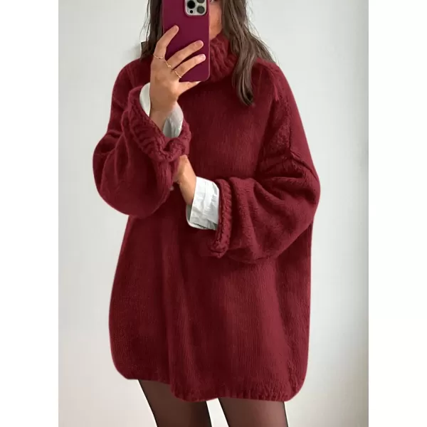 PRETTYGARDEN Womens 2024 Fall Knit Sweater Casual Long Sleeve Turtleneck Loose Chunky Pullover TopsWine Red