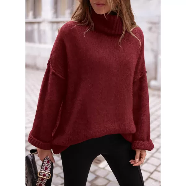 PRETTYGARDEN Womens 2024 Fall Knit Sweater Casual Long Sleeve Turtleneck Loose Chunky Pullover TopsWine Red