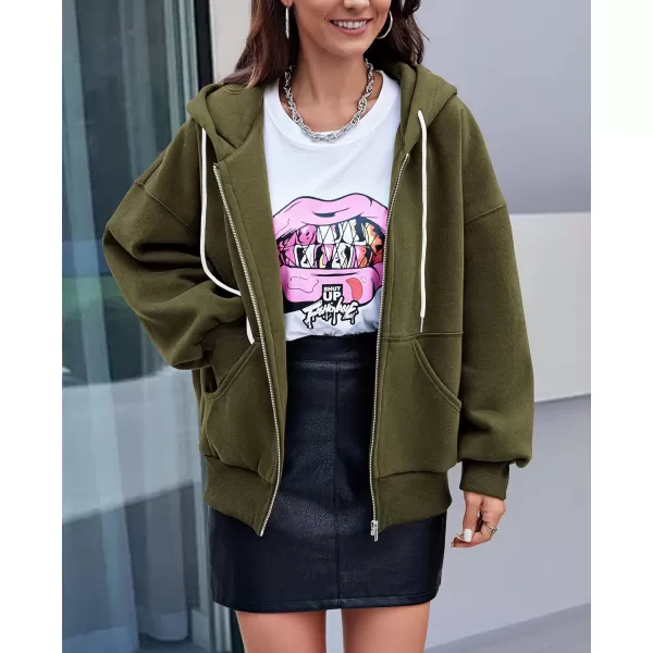 PRETTYGARDEN Womens 2024 Fall Zip Up Hoodies Sweatshirt Long Sleeve Loose Fit Y2K Casual Fashion Jackets with PocketsArmy Green