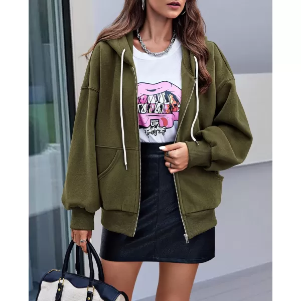 PRETTYGARDEN Womens 2024 Fall Zip Up Hoodies Sweatshirt Long Sleeve Loose Fit Y2K Casual Fashion Jackets with PocketsArmy Green