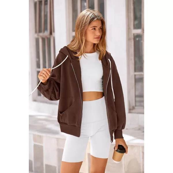 PRETTYGARDEN Womens 2024 Fall Zip Up Hoodies Sweatshirt Long Sleeve Loose Fit Y2K Casual Fashion Jackets with PocketsBrown Coffee