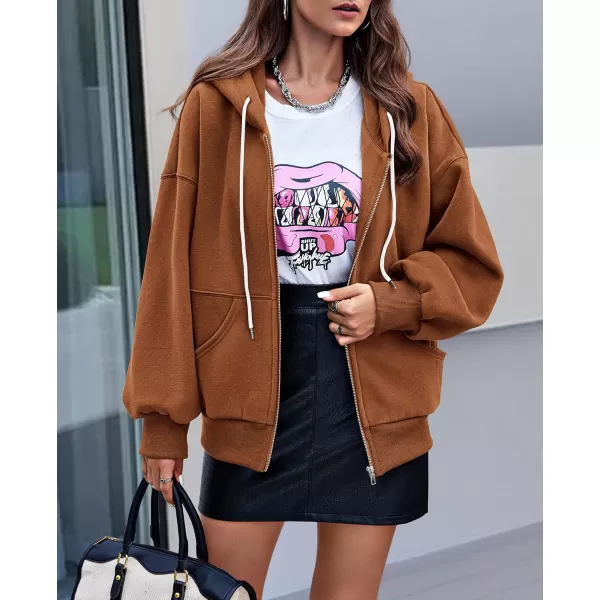 PRETTYGARDEN Womens 2024 Fall Zip Up Hoodies Sweatshirt Long Sleeve Loose Fit Y2K Casual Fashion Jackets with PocketsCaramel