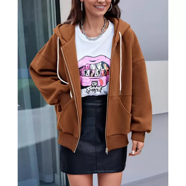 PRETTYGARDEN Womens 2024 Fall Zip Up Hoodies Sweatshirt Long Sleeve Loose Fit Y2K Casual Fashion Jackets with PocketsCaramel