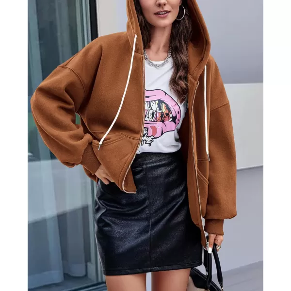 PRETTYGARDEN Womens 2024 Fall Zip Up Hoodies Sweatshirt Long Sleeve Loose Fit Y2K Casual Fashion Jackets with PocketsCaramel