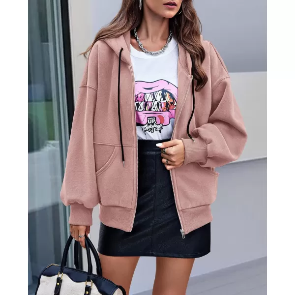PRETTYGARDEN Womens 2024 Fall Zip Up Hoodies Sweatshirt Long Sleeve Loose Fit Y2K Casual Fashion Jackets with PocketsDusty Pink