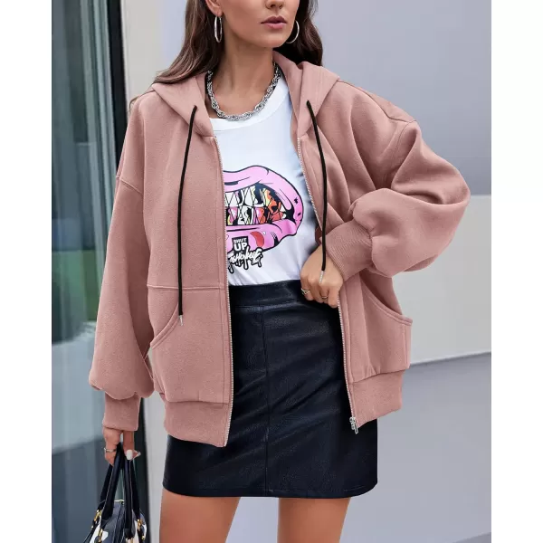 PRETTYGARDEN Womens 2024 Fall Zip Up Hoodies Sweatshirt Long Sleeve Loose Fit Y2K Casual Fashion Jackets with PocketsDusty Pink