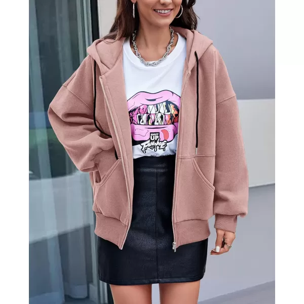 PRETTYGARDEN Womens 2024 Fall Zip Up Hoodies Sweatshirt Long Sleeve Loose Fit Y2K Casual Fashion Jackets with PocketsDusty Pink