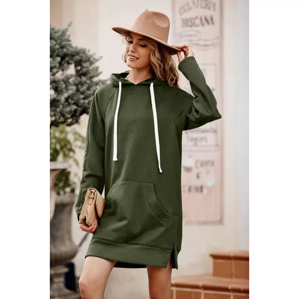 PRETTYGARDEN Womens Casual Pullover Sweatshirt Long Sleeve Split Hem Hoodie Dress with Kangaroo PocketArmy Green