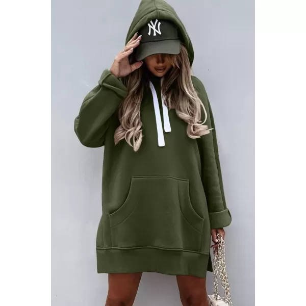 PRETTYGARDEN Womens Casual Pullover Sweatshirt Long Sleeve Split Hem Hoodie Dress with Kangaroo PocketArmy Green