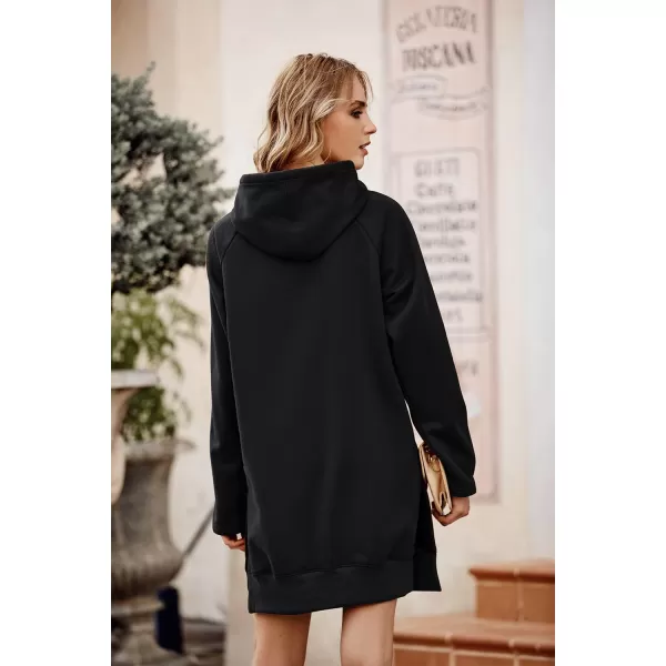PRETTYGARDEN Womens Casual Pullover Sweatshirt Long Sleeve Split Hem Hoodie Dress with Kangaroo PocketBlack