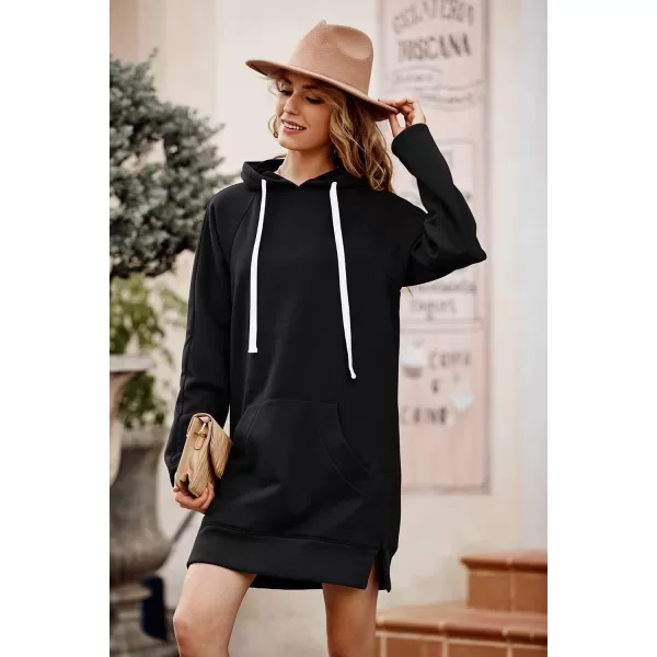 PRETTYGARDEN Womens Casual Pullover Sweatshirt Long Sleeve Split Hem Hoodie Dress with Kangaroo PocketBlack