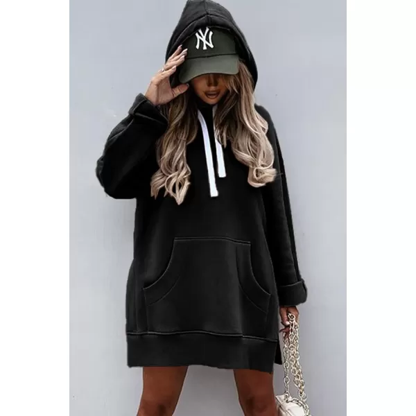 PRETTYGARDEN Womens Casual Pullover Sweatshirt Long Sleeve Split Hem Hoodie Dress with Kangaroo PocketBlack