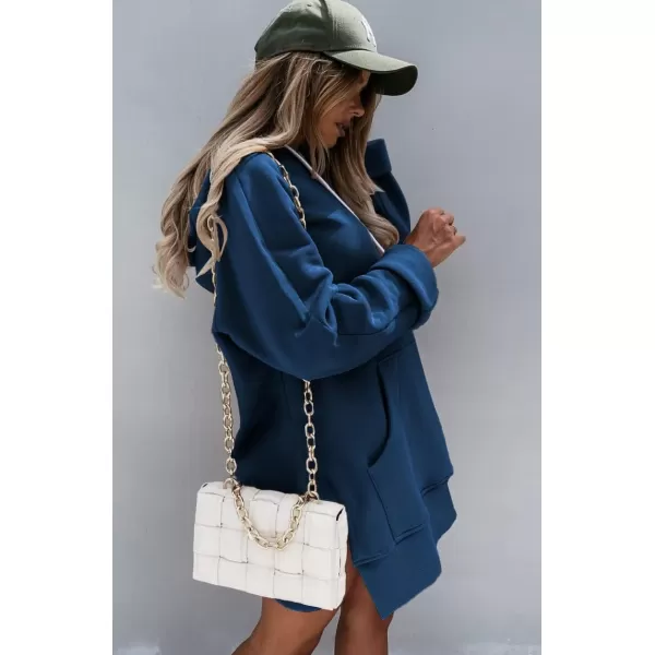 PRETTYGARDEN Womens Casual Pullover Sweatshirt Long Sleeve Split Hem Hoodie Dress with Kangaroo PocketBlue