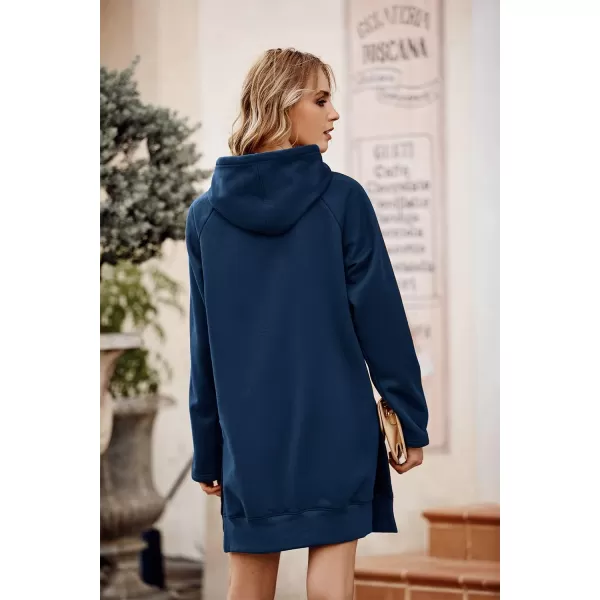 PRETTYGARDEN Womens Casual Pullover Sweatshirt Long Sleeve Split Hem Hoodie Dress with Kangaroo PocketBlue