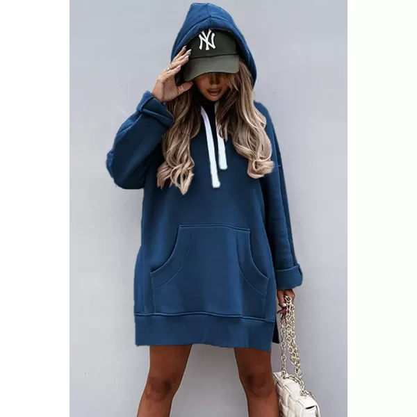 PRETTYGARDEN Womens Casual Pullover Sweatshirt Long Sleeve Split Hem Hoodie Dress with Kangaroo PocketBlue