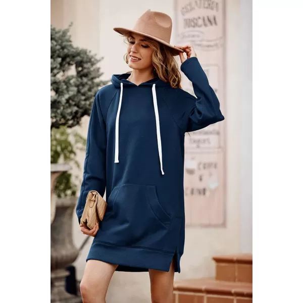 PRETTYGARDEN Womens Casual Pullover Sweatshirt Long Sleeve Split Hem Hoodie Dress with Kangaroo PocketBlue