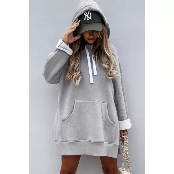 PRETTYGARDEN Womens Casual Pullover Sweatshirt Long Sleeve Split Hem Hoodie Dress with Kangaroo PocketLight Grey