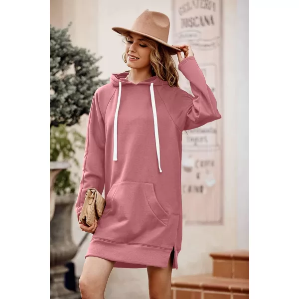 PRETTYGARDEN Womens Casual Pullover Sweatshirt Long Sleeve Split Hem Hoodie Dress with Kangaroo PocketPink