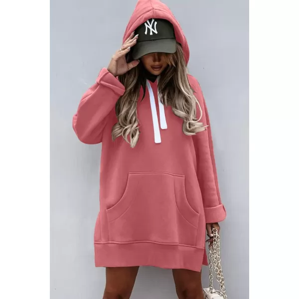 PRETTYGARDEN Womens Casual Pullover Sweatshirt Long Sleeve Split Hem Hoodie Dress with Kangaroo PocketPink
