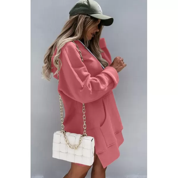 PRETTYGARDEN Womens Casual Pullover Sweatshirt Long Sleeve Split Hem Hoodie Dress with Kangaroo PocketPink