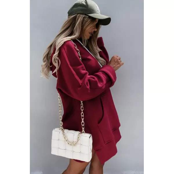 PRETTYGARDEN Womens Casual Pullover Sweatshirt Long Sleeve Split Hem Hoodie Dress with Kangaroo PocketWine Red