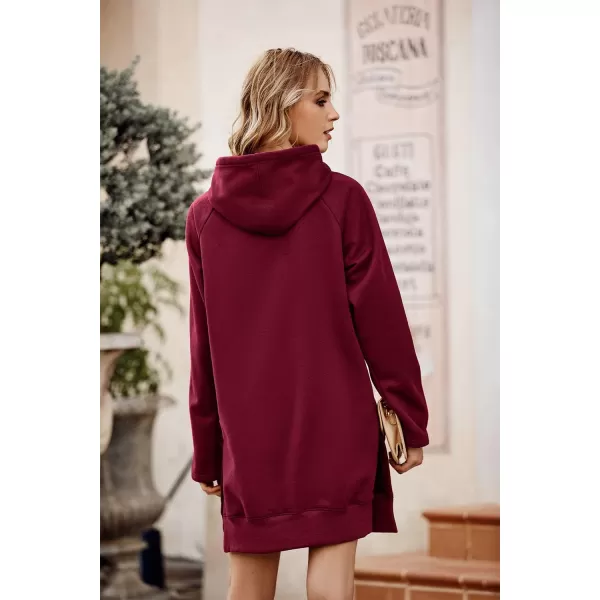 PRETTYGARDEN Womens Casual Pullover Sweatshirt Long Sleeve Split Hem Hoodie Dress with Kangaroo PocketWine Red
