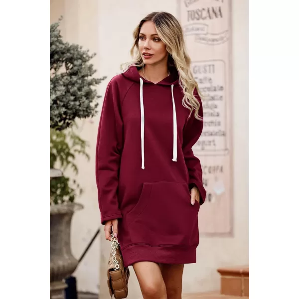 PRETTYGARDEN Womens Casual Pullover Sweatshirt Long Sleeve Split Hem Hoodie Dress with Kangaroo PocketWine Red