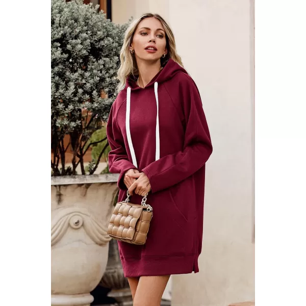 PRETTYGARDEN Womens Casual Pullover Sweatshirt Long Sleeve Split Hem Hoodie Dress with Kangaroo PocketWine Red