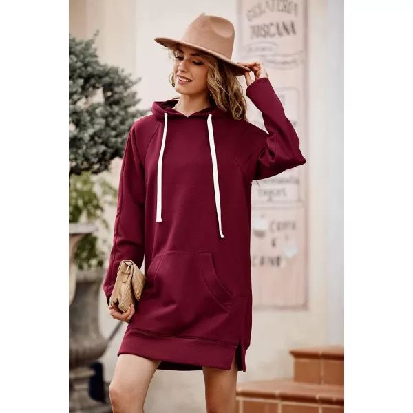 PRETTYGARDEN Womens Casual Pullover Sweatshirt Long Sleeve Split Hem Hoodie Dress with Kangaroo PocketWine Red