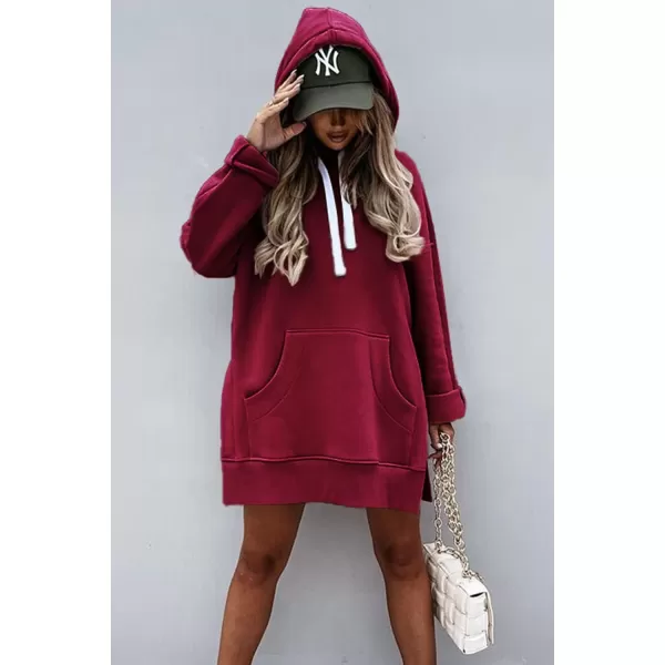 PRETTYGARDEN Womens Casual Pullover Sweatshirt Long Sleeve Split Hem Hoodie Dress with Kangaroo PocketWine Red