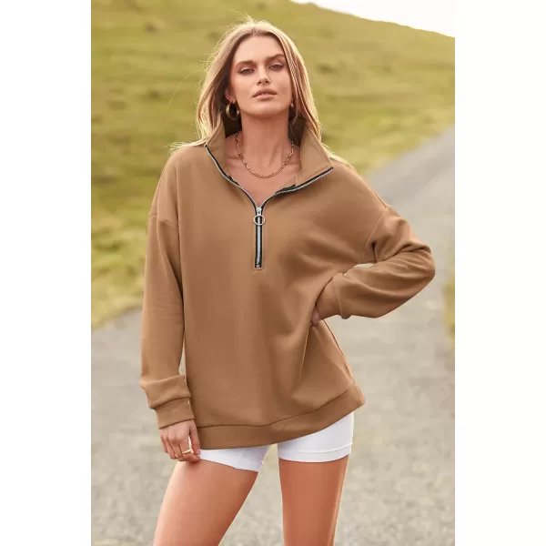 PRETTYGARDEN Womens Causal 14 Zip Pullover Long Sleeve Collar Sweatshirts Solid Activewear Running JacketKhaki