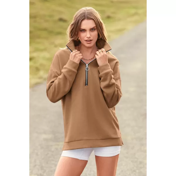 PRETTYGARDEN Womens Causal 14 Zip Pullover Long Sleeve Collar Sweatshirts Solid Activewear Running JacketKhaki