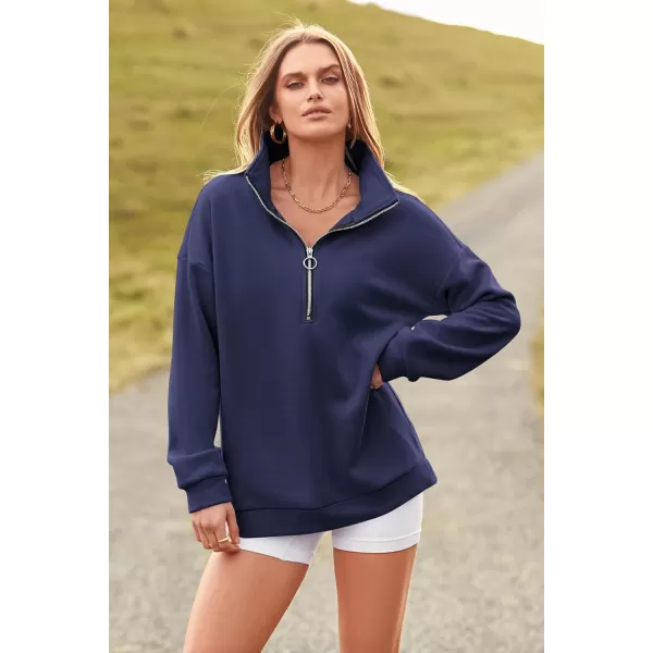 PRETTYGARDEN Womens Causal 14 Zip Pullover Long Sleeve Collar Sweatshirts Solid Activewear Running JacketNavy
