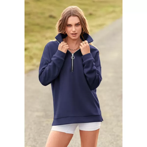 PRETTYGARDEN Womens Causal 14 Zip Pullover Long Sleeve Collar Sweatshirts Solid Activewear Running JacketNavy