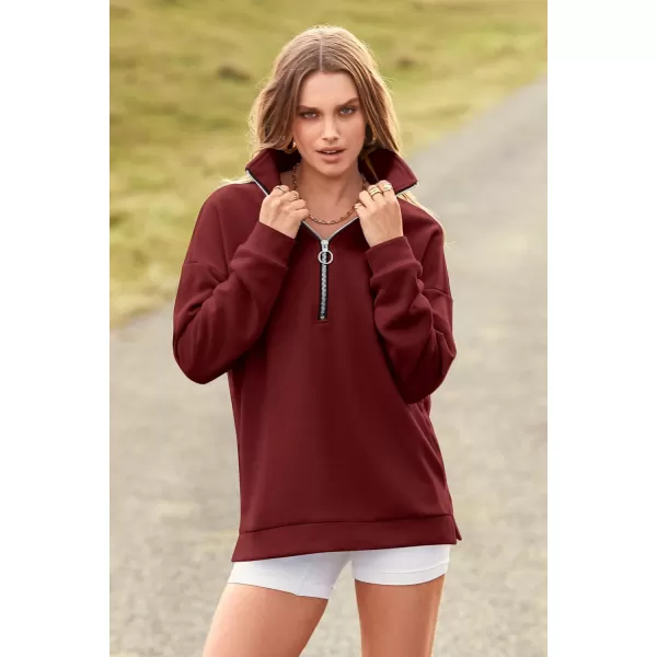 PRETTYGARDEN Womens Causal 14 Zip Pullover Long Sleeve Collar Sweatshirts Solid Activewear Running JacketWine Red