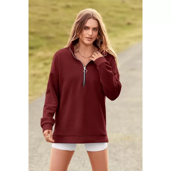 PRETTYGARDEN Womens Causal 14 Zip Pullover Long Sleeve Collar Sweatshirts Solid Activewear Running JacketWine Red
