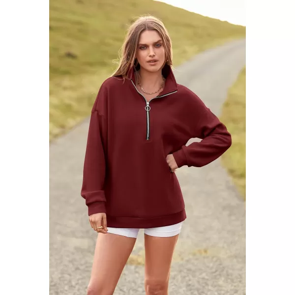 PRETTYGARDEN Womens Causal 14 Zip Pullover Long Sleeve Collar Sweatshirts Solid Activewear Running JacketWine Red