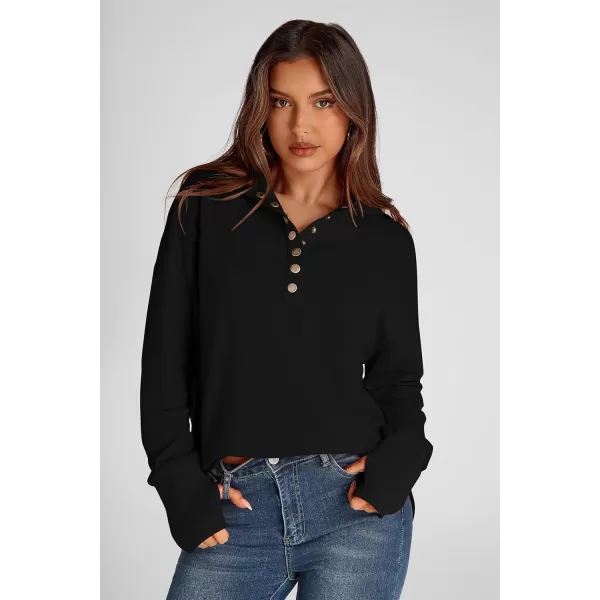 PRETTYGARDEN Womens Fall Fashion Button Up Sweatshirt Long Sleeve V Neck Loose Fit Casual Trendy Going Out Pullover TopsBlack