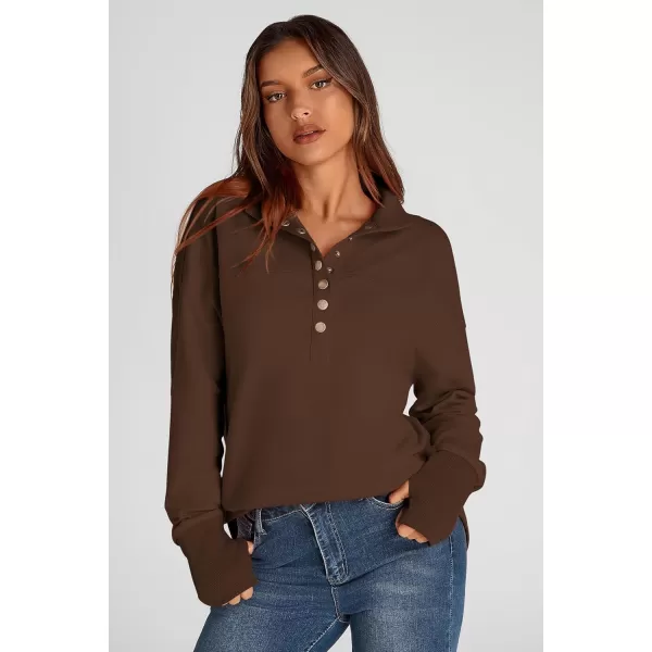 PRETTYGARDEN Womens Fall Fashion Button Up Sweatshirt Long Sleeve V Neck Loose Fit Casual Trendy Going Out Pullover TopsCoffee
