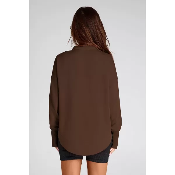 PRETTYGARDEN Womens Fall Fashion Button Up Sweatshirt Long Sleeve V Neck Loose Fit Casual Trendy Going Out Pullover TopsCoffee