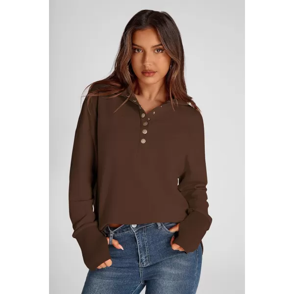 PRETTYGARDEN Womens Fall Fashion Button Up Sweatshirt Long Sleeve V Neck Loose Fit Casual Trendy Going Out Pullover TopsCoffee