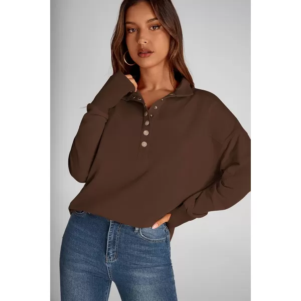 PRETTYGARDEN Womens Fall Fashion Button Up Sweatshirt Long Sleeve V Neck Loose Fit Casual Trendy Going Out Pullover TopsCoffee