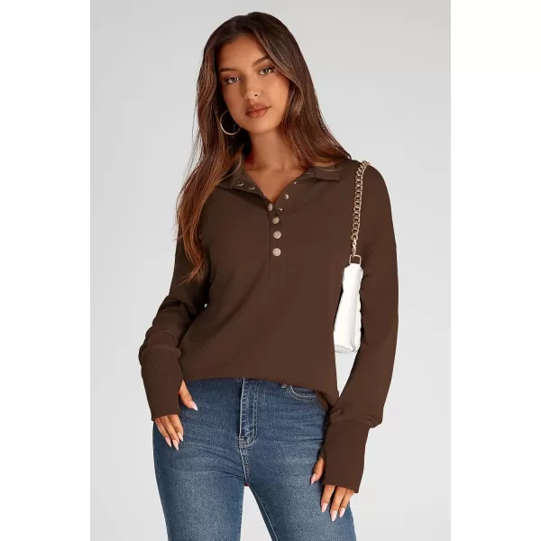 PRETTYGARDEN Womens Fall Fashion Button Up Sweatshirt Long Sleeve V Neck Loose Fit Casual Trendy Going Out Pullover TopsCoffee
