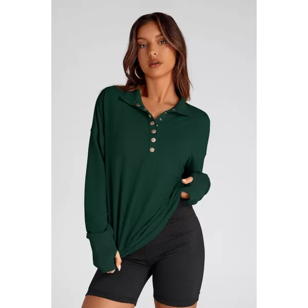 PRETTYGARDEN Womens Fall Fashion Button Up Sweatshirt Long Sleeve V Neck Loose Fit Casual Trendy Going Out Pullover TopsDark Green