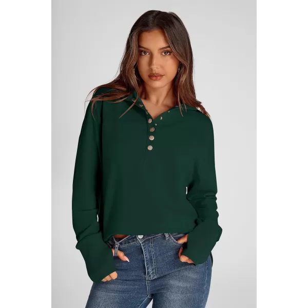 PRETTYGARDEN Womens Fall Fashion Button Up Sweatshirt Long Sleeve V Neck Loose Fit Casual Trendy Going Out Pullover TopsDark Green